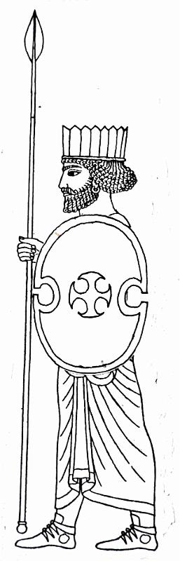 Ovalschild (Rek.nA).jpg - Neben dem Weidenrutenschild wird als merkmal für 'Perser' immer wieder der seitlich eingezogene kleine Lederschild gezeigt. Wie in dieser Rekonstrutkion sichtbar wird er am lang herunterhängenden Arm getragen und im Nahkampf mit der Längsachse horizontal geführt. Die dann oben und unten befindlichen Einschnitte könnten dazu gedient haben, in bestimmten Situationen die Lanze hindurch zu stecken.